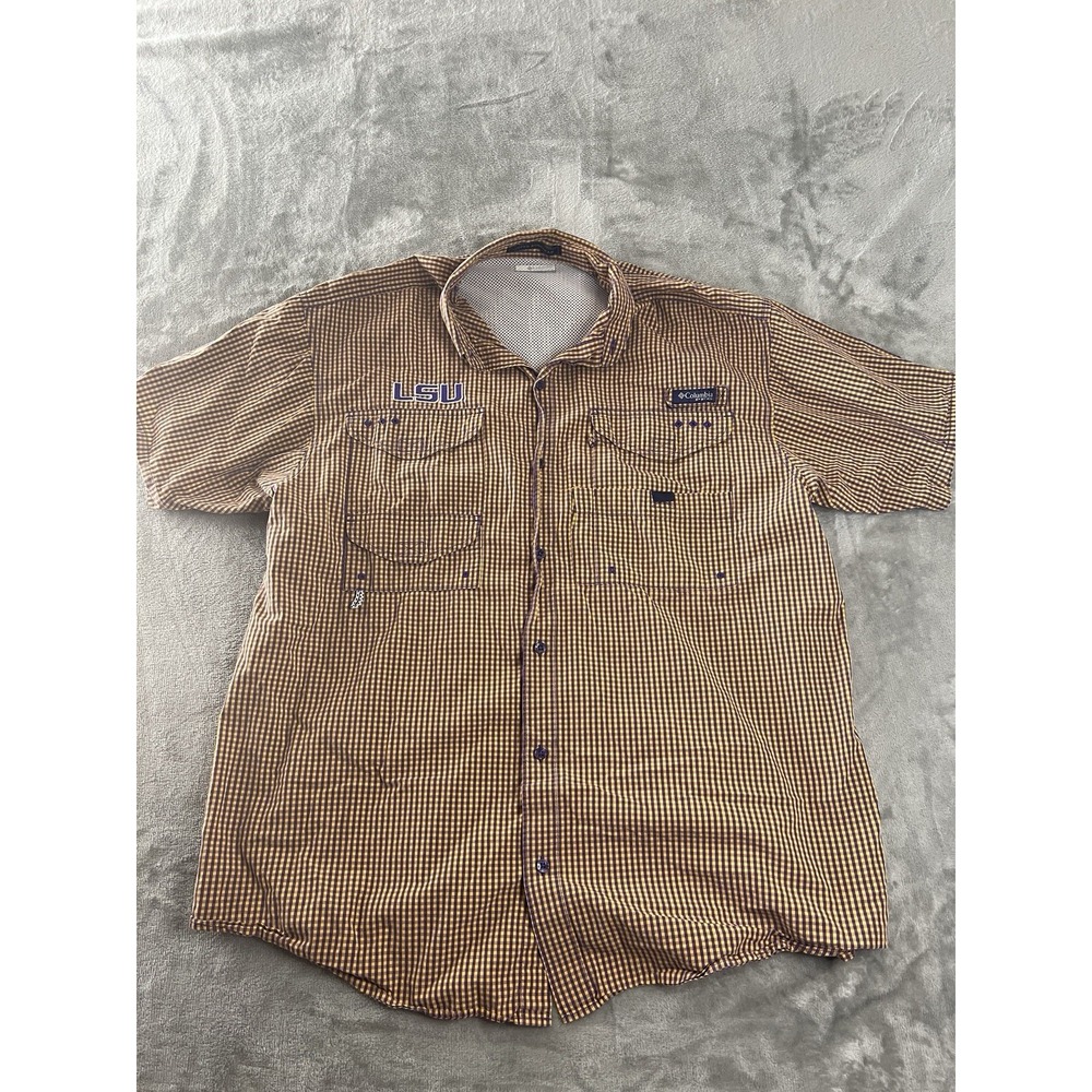 Columbia PFG Mens Shirt Large Purple Gold LSU Super Bonehead Fishing